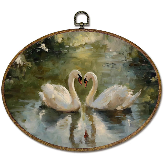 LKETW Vintage Swan Oval Wall Art Decor, Antique Elegant Swan Oval Canvas Hanging Decor, Rustic Cottagecore Elegant Animal Wall Decorations for Home Living Room Bedroom, 11.4x8.6 Inch