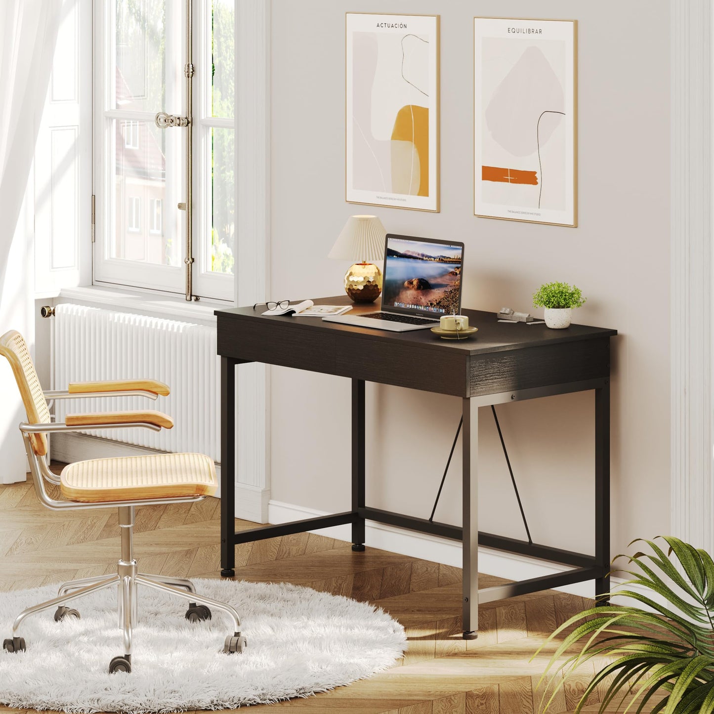 Mexin Small Black Desk with 2 Wooden Drawers, 40 Inch Home Office Writing Desk, Black Vanity Desk with Storage, Computer Desk for Bedroom Small Spaces, Table for Office, Work, Kids Study, Makeup