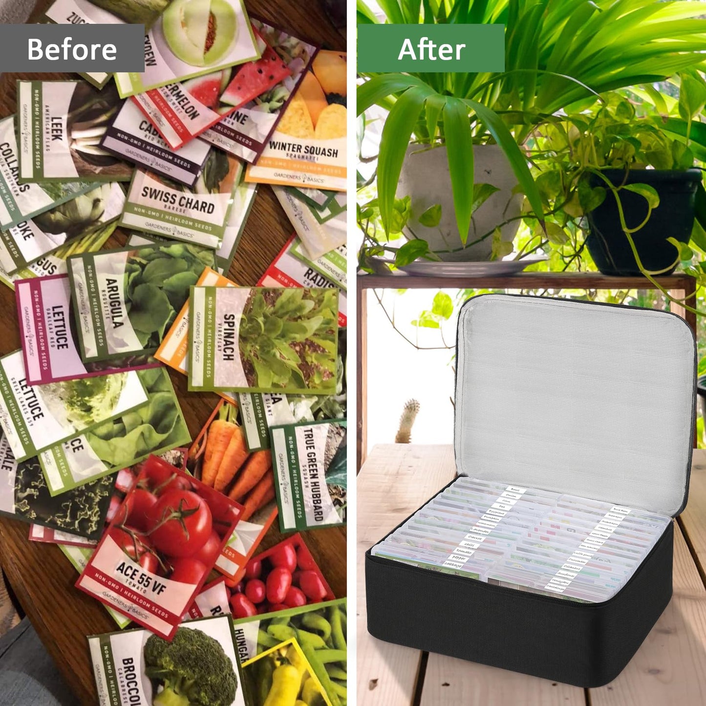 38 Slots Seed Storage Organizer Box with Insulated Bag That Holds 80-200 Seed Envelopes, Oxford Cloth Garden Seed Containers with Labels, Seed Packet Organizer for Plant, Flower ,Vegetable Seeds