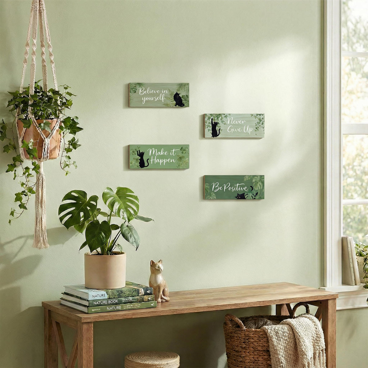 4Pcs Sage Green Office Decor for Women Inspirational Wooden Wall Decor for Office Home Sage Green Black Cat Wall Art Motivational Quotes Wooden Signs Set Positive Affirmations for Bedroom Work