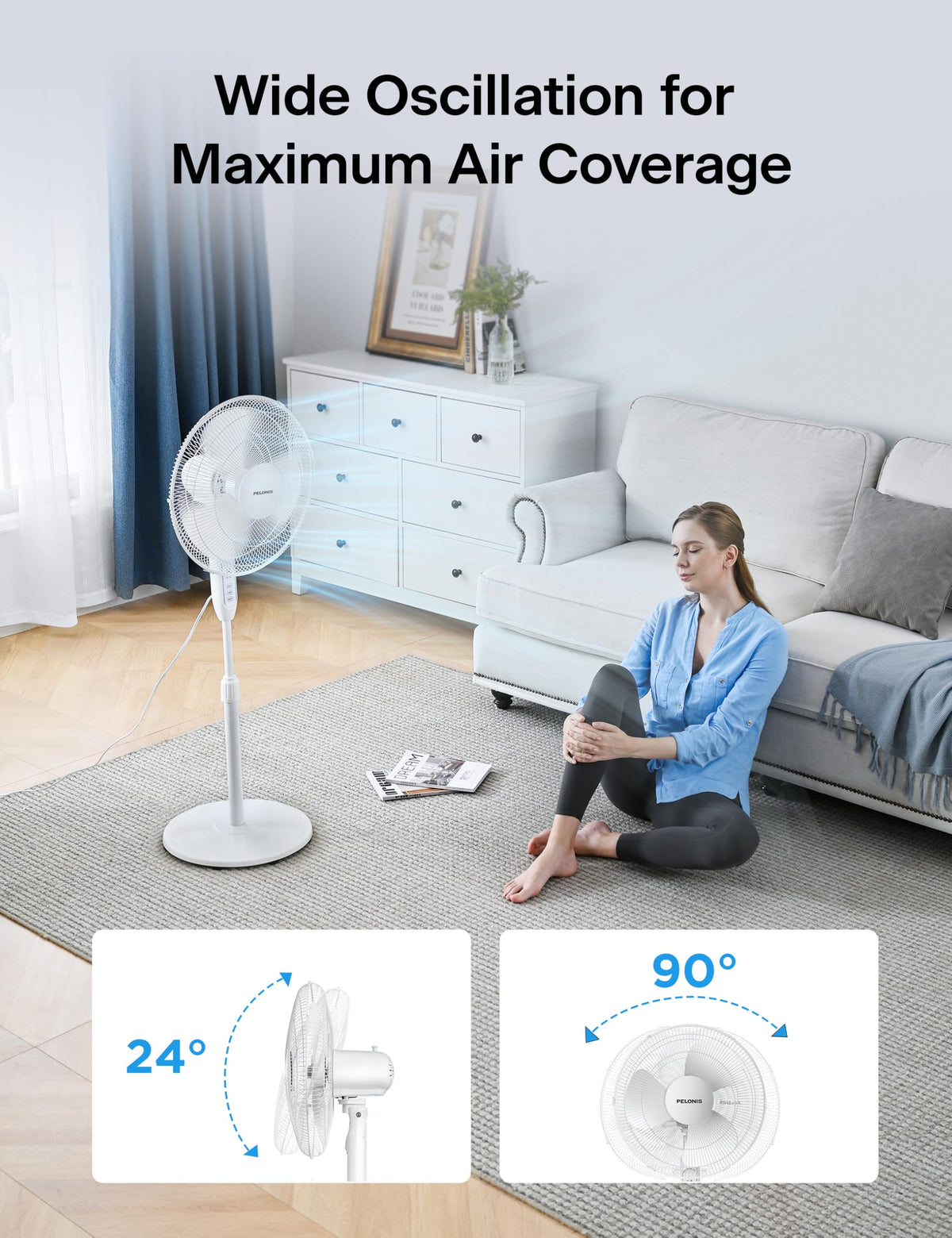 PELONIS 16'' Pedestal Fan for Bedoom with Remote, Upgraded, Standing Fan with 7-Hour Timer, 90° Oscillation, 3-Speeds, Adjustable Height, Electric Cooling Fans for Living Room and Office