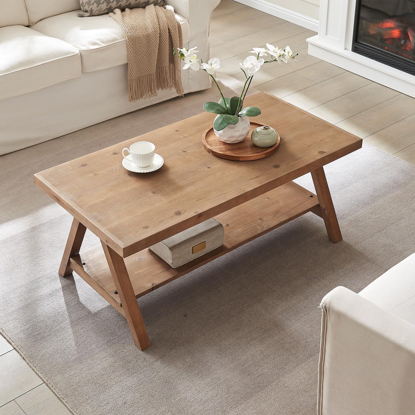 Farmhouse Coffee Table,Solid Wood Center Tables with Storage Shelves & Sturdy A-Shaped Legs, Modern Rustic 2-Tier Rectangular Table for Living Room and Office, Natural