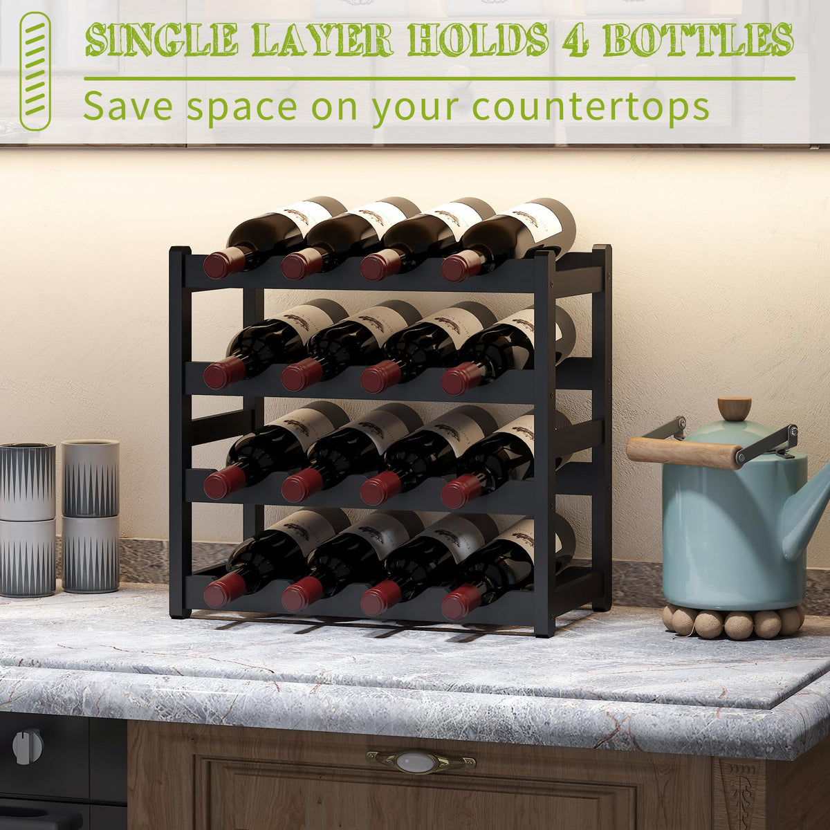 BMOSU Bamboo Wine Rack Wine Storage Cabinet Shelf 16 Bottle Wine Racks Countertop Sturdy for Kitchen Dining Room Pantry - 4 Tiers Wine Rack(Black)
