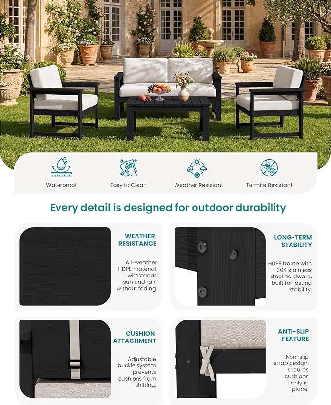 SERWALL 4-Piece Outdoor Patio Sofa Set, HDPE All-Weather Loveseat Sofa