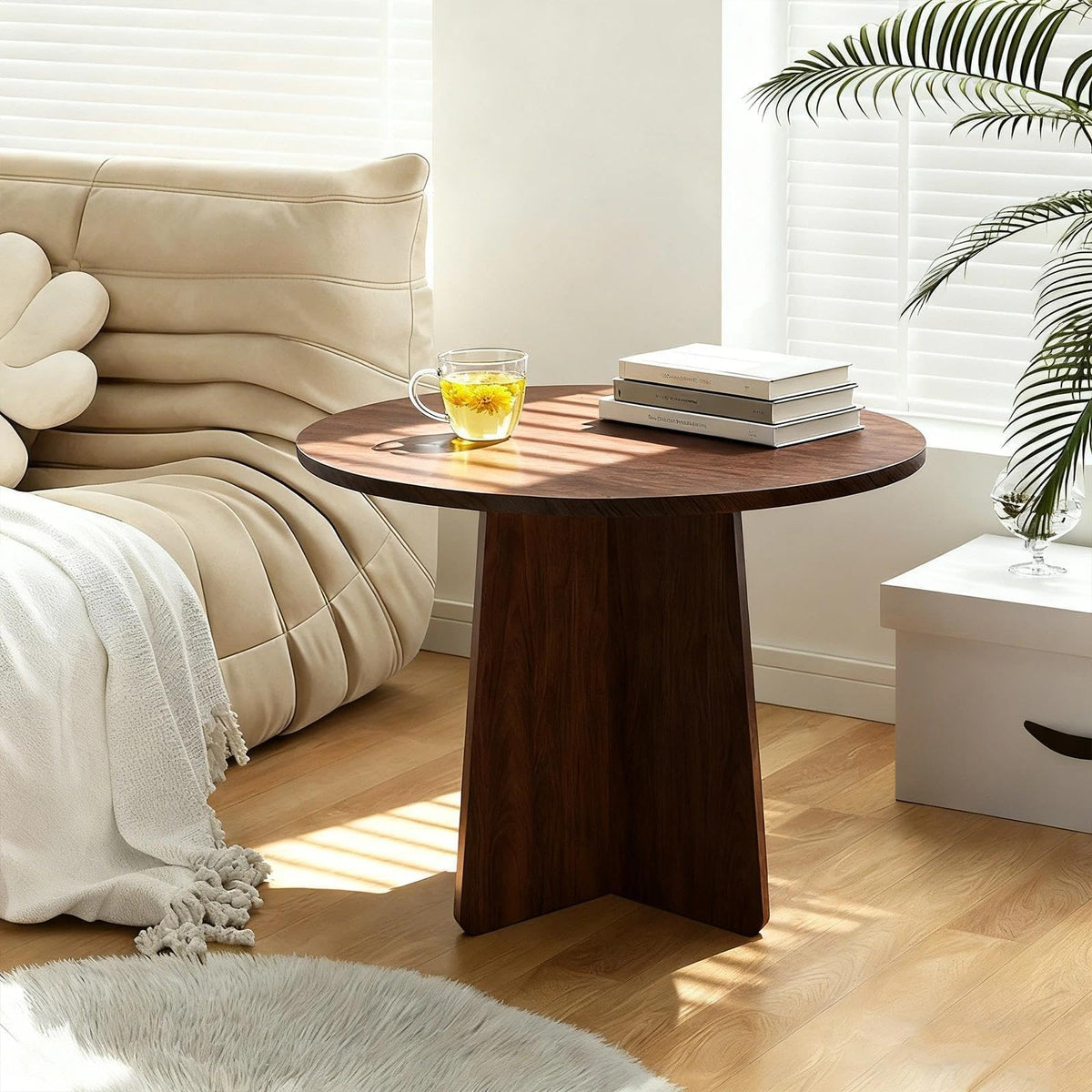 Wood Coffee End Table, Round Side Tables Living Room, Small End Tables for Small Spaces, Sofa, Bedroom, Bedside, Corner, Office, Nursery, Wooden Circle Side Table, Rustic Walnut 19.7 x 17.7 in