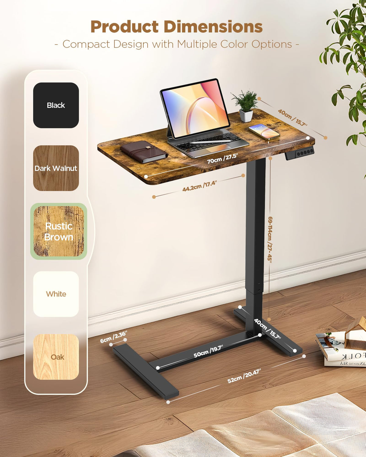 YOLEZO Overbed Bedside Table with Wheels, Electric Standing Desk Adjustable Height, Small Computer Desk for Home Office, Rolling Laptop Desk for Bed, Sofa, or Hospital Use (28"x16",Rustic Brown)