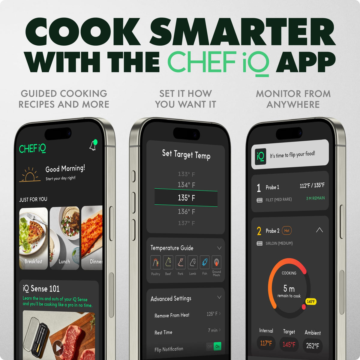CHEF iQ Sense | Smart Wireless Meat Thermometer | 3 Ultra-Thin Probes | WiFi Unlimited Range | 1000°F Heat Safe | 5 Sensors | BBQ, Grill, Oven, Smoker, Air Fryer | Gen3