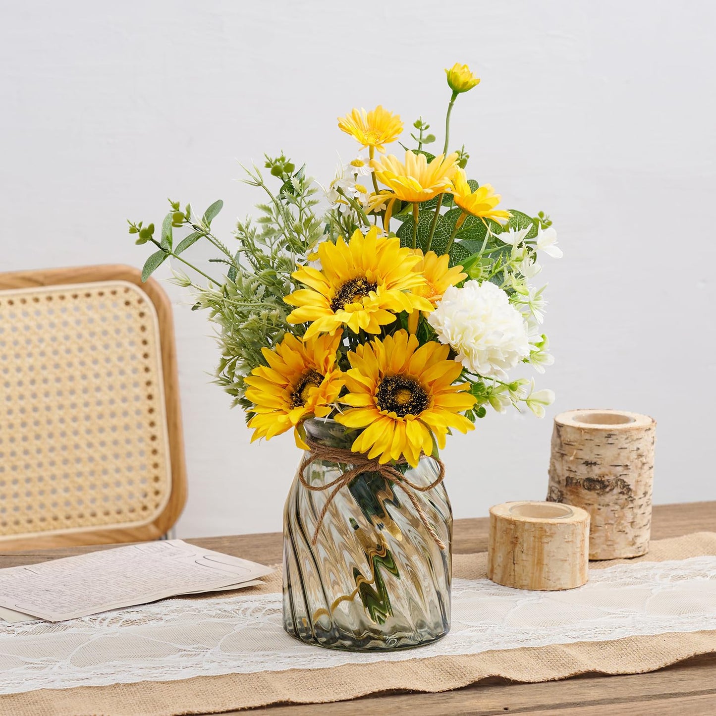 COZZI CODI Fake Flowers Artificial Sunflowers with Vase, Faux Silk Flowers Plants for Home Office Decorations, Kitchen Dining Table Decor, Farmhouse Centerpiece Table Decoration