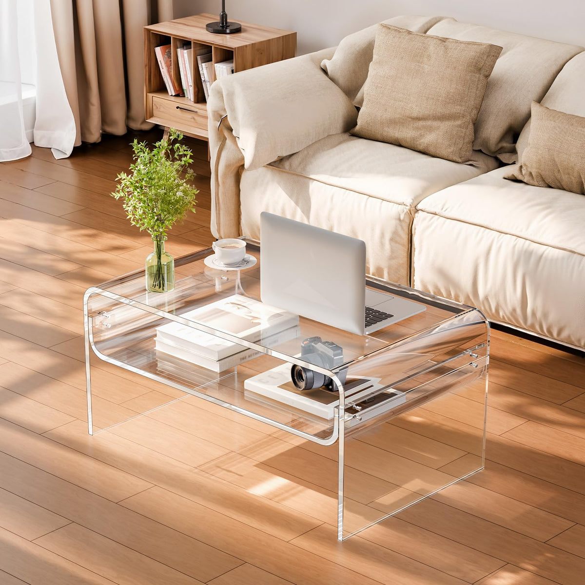 VEVOR Acrylic Coffee Table, Modern Waterfall Center Table with Open Storage Shelf, Clear Rectangle Lucite Desk for Living Room, Office Reception, 31.5" W x 19.7" D x 15" H, Large