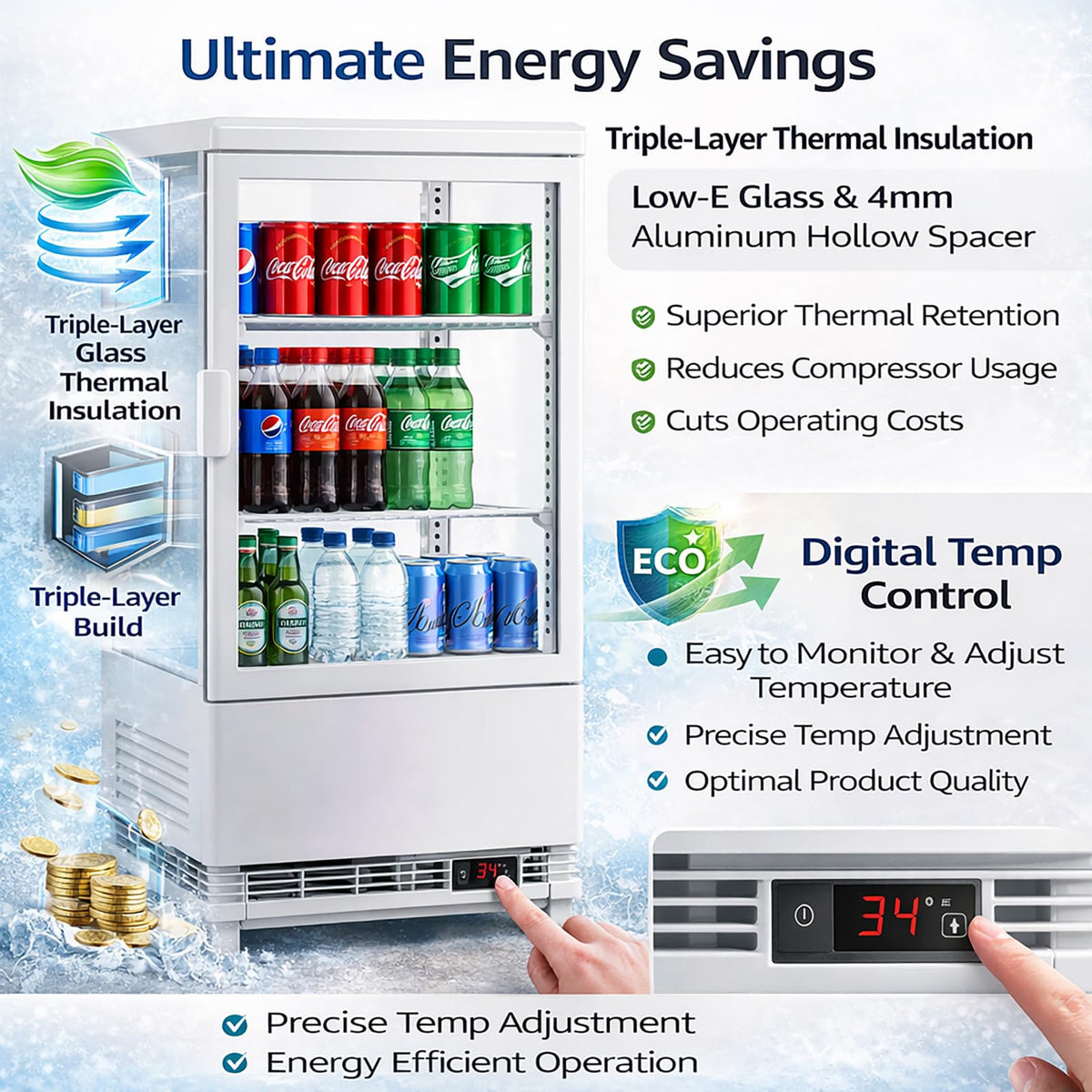 Countertop Display Refrigerator 2.0 Cu.ft, LED Light, Air-Cooling, Sliding Door, Adjustable Shelves, Automatic Defrost, Commercial Mini Fridge for Bakery, Cafe, Restaurant, White