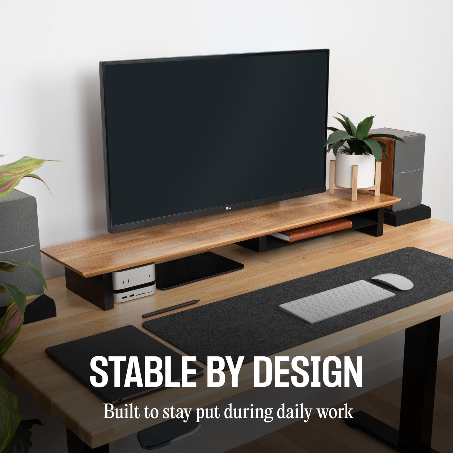 COREMINDED Solid Wood Dual Monitor Stand Riser – 43" Oak Desk Shelf for 2 Monitors with Tray & Wool Felt, Organizer for Desktop, Laptop and Office (Solid Oak)