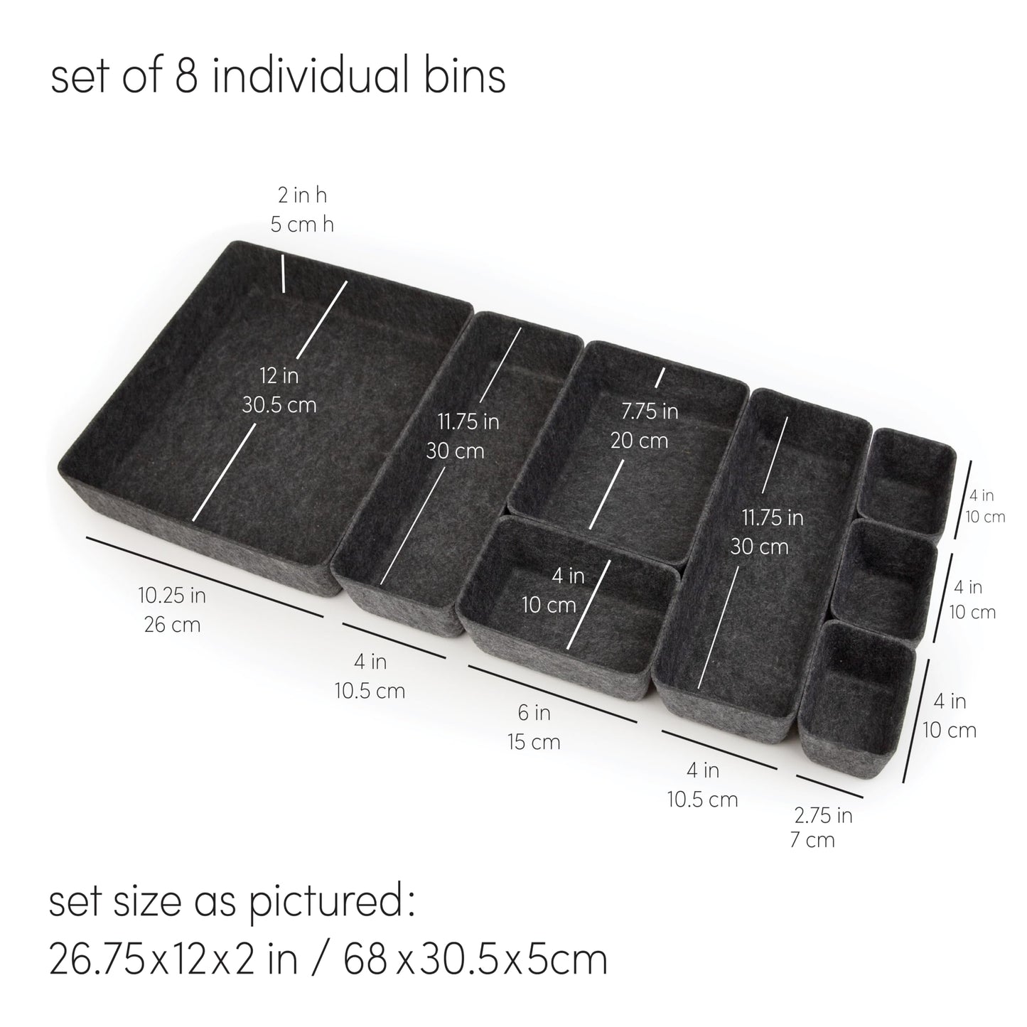 Three by Three Seattle Felt·Like·It! Felt Bins for Office, Crafts, Classroom, Living Room, Bedroom: Charcoal, Set of 8