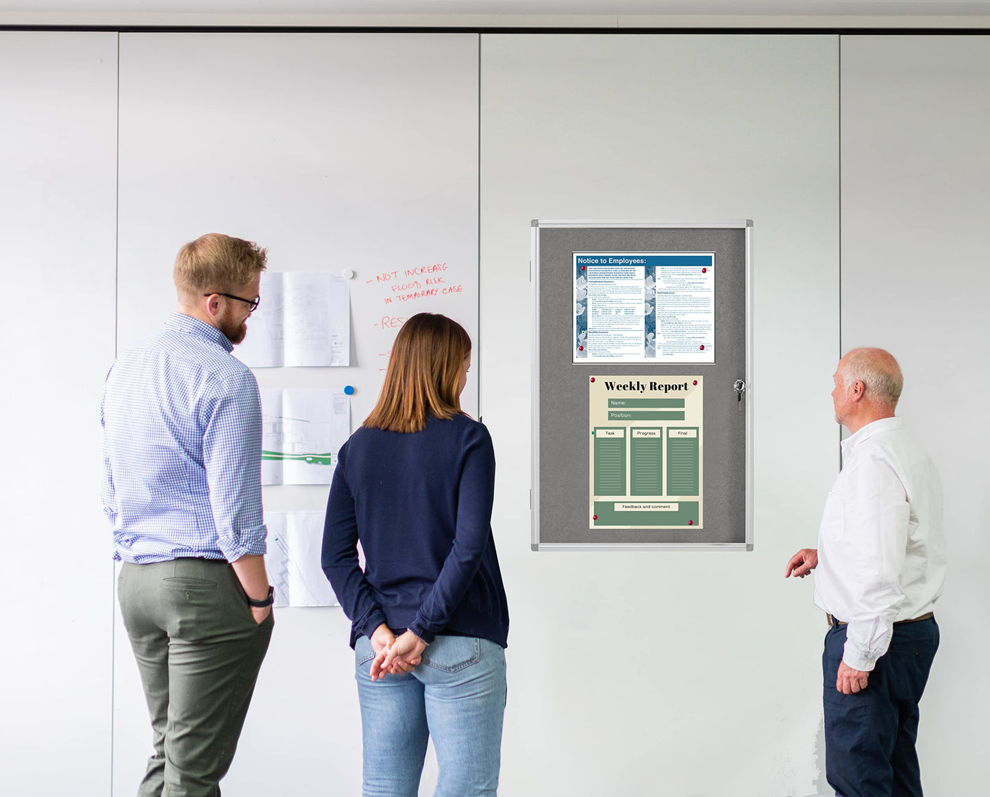 A AIRLLEN Enclosed Lockable Bulletin Board 24 x 36 Inch Indoor Notice Board with 2 Keys – Wall Mounted Felt Acrylic Display Case Aluminum Frame for Office, School, Hallway