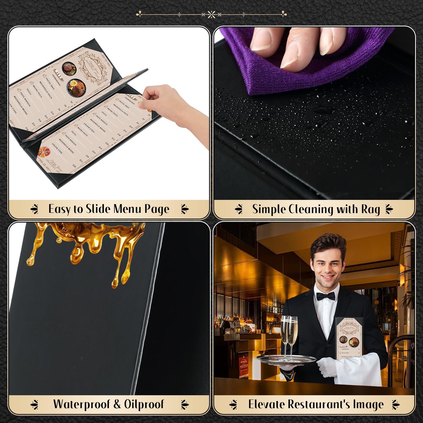 FLKQC Restaurant Menu Covers Holders 4.25" x 11" | Pack of 10 Synthetic Leather Triple Fold Panels 4 View Angled Corners Black for Wine List, Drinks (10, Triple Fold Panels 4 View (4.25 x 11 inch))