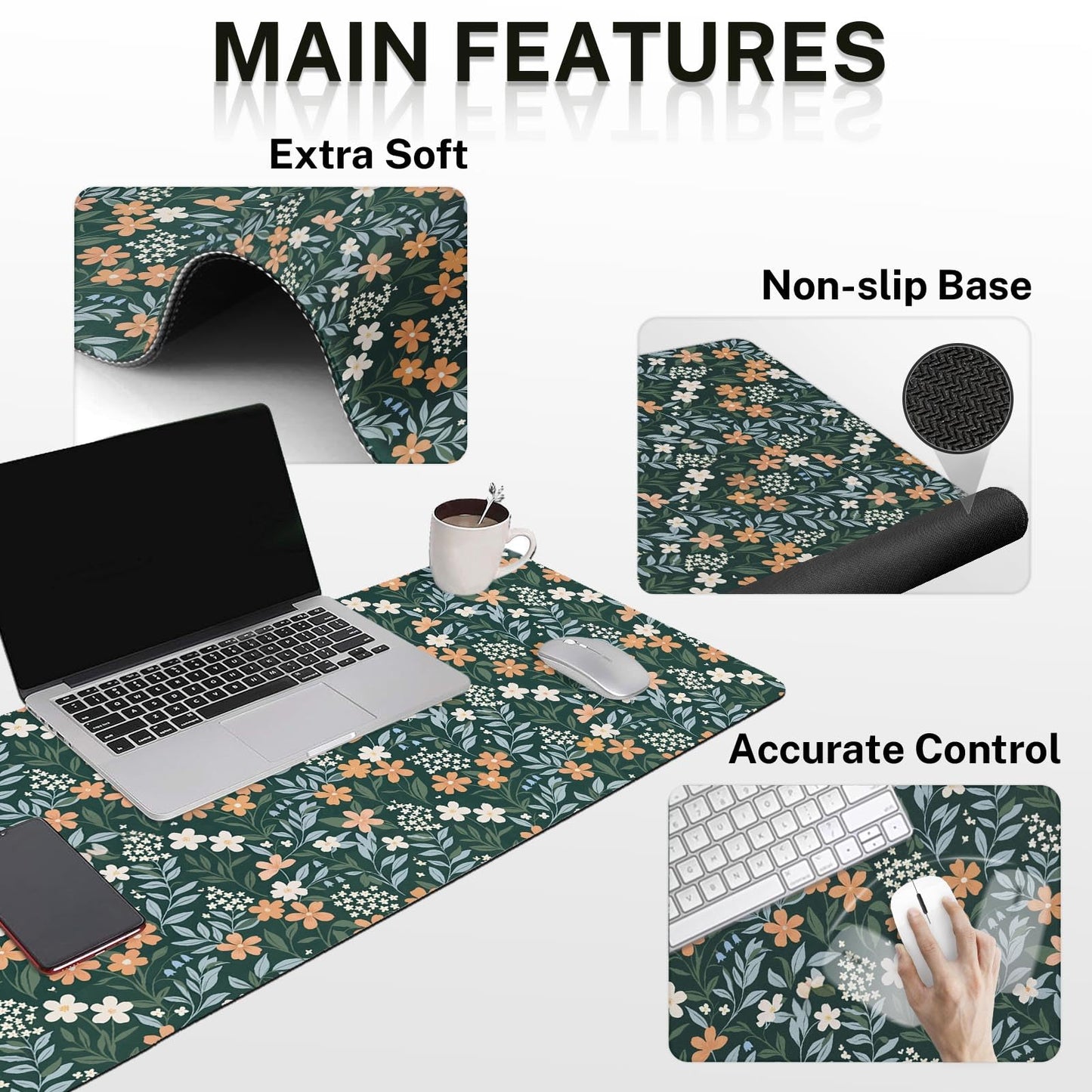 Britimes Green Florals Keyboard Mouse Pad Set Vintage Flower 4in1 Large Mousepad+Keyboard Wrist Rest+Mouse Wrist Rest+Coaster Ergonomic Design for Home Office Computer 35.4x15.7 inches