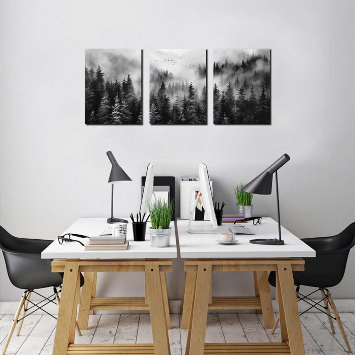 TYTAUPT Foggy Forest Canvas Wall Art for Bedroom Black and White Pictures Wall Art for Living Room Home Office Wall Decor 12 x 16 Inch x 3 Pieces