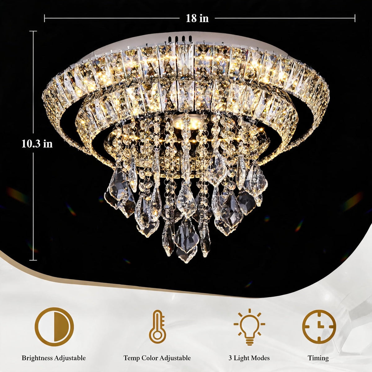 OSGNER 18" Sliver Modern Chandelier with Remote/APP,Flush Mount Crystal Ceiling Light,3-Color LED Dimmable for Living Room Kitchen Dining Room Hallway -Luxury Raindrop Style