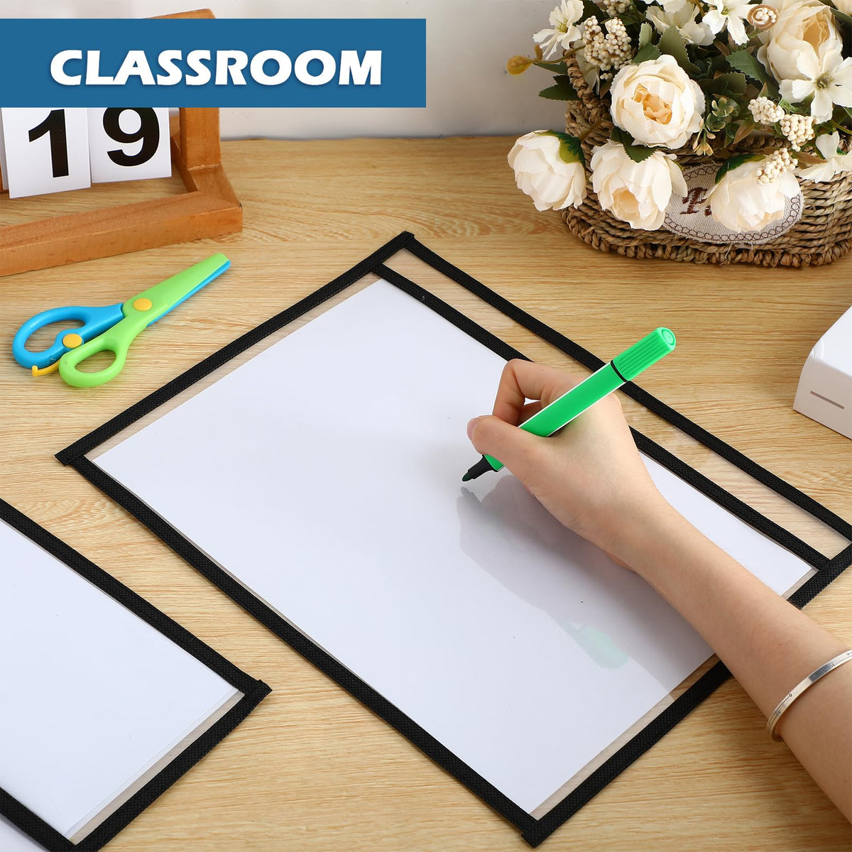 Ireer 30 Pcs Dry Erase Document Holder, Horizontal Job Ticket Holder 8.5x11, Dry Erase Pocket, Reusable Clear Plastic Paper Sleeve, Plastic Paper Holder for Office Business(Black)