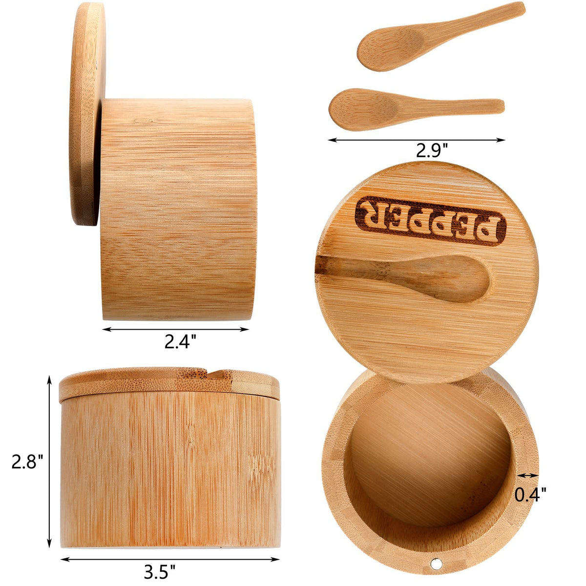 Lawei 2 Pack Bamboo Salt and Pepper Bowls, Round Salt Container with Magnetic Swivel Lids and Spoons, Bamboo Salt Cellars, Seasoning Storage Holder Box for Salt, Pepper, Sugar, Spice