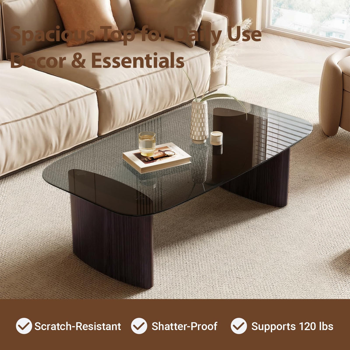 Modern Glass Coffee Table, Coffee Table for Living Room,Tempered Glass-top with Sturdy Wooden Base, Modern Coffee Tables for Small Space, Apartment, Office, Minimalist Design (Walnut)