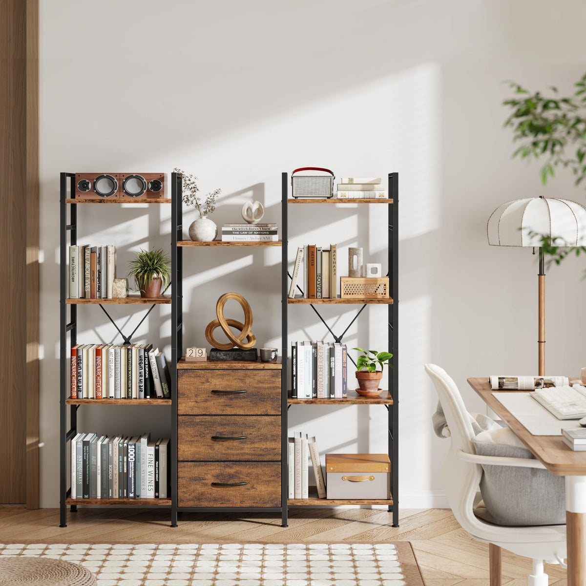 AFLUI Triple Bookshelf with 3 Fabric Drawers, 4-Tier Book Shelf and 10 Display Shelves, Industrial Large Bookcase for Home & Office, Rustic Brown, 47'' Wide