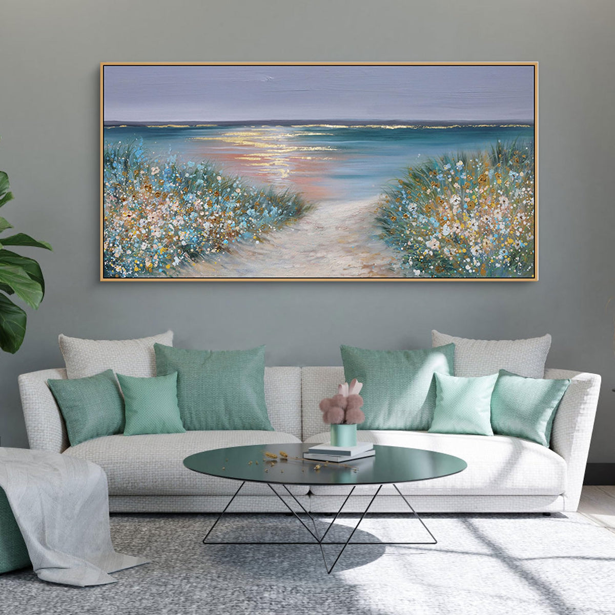 yiijeah Beach Wall Art Large Landscape Canvas Coastal Gold Picture Horizontal Artwork for Walls Ocean Prints Big Paintings Living Room Bedroom Office Home Decor 40x20 Inches