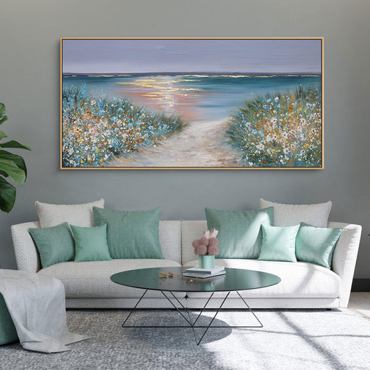 yiijeah Beach Wall Art Large Landscape Canvas Coastal Gold Picture Horizontal Artwork for Walls Ocean Prints Big Paintings Living Room Bedroom Office Home Decor 40x20 Inches