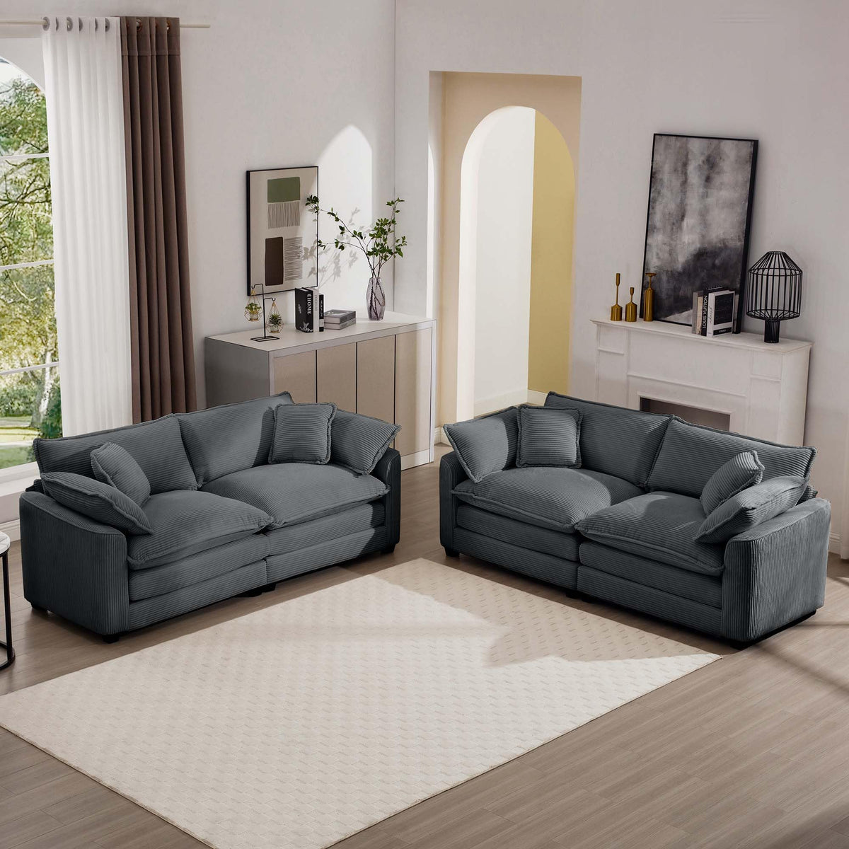 KEIKI 2-Piece Sofa Set with 2 Oversized Corduroy Loveseat Sofa, Upholstered Modern 4-Seater Corner Couch Set with 8 Pillow, High-Density Foam Cushions, Removable Armrests, for Living Room, Grey