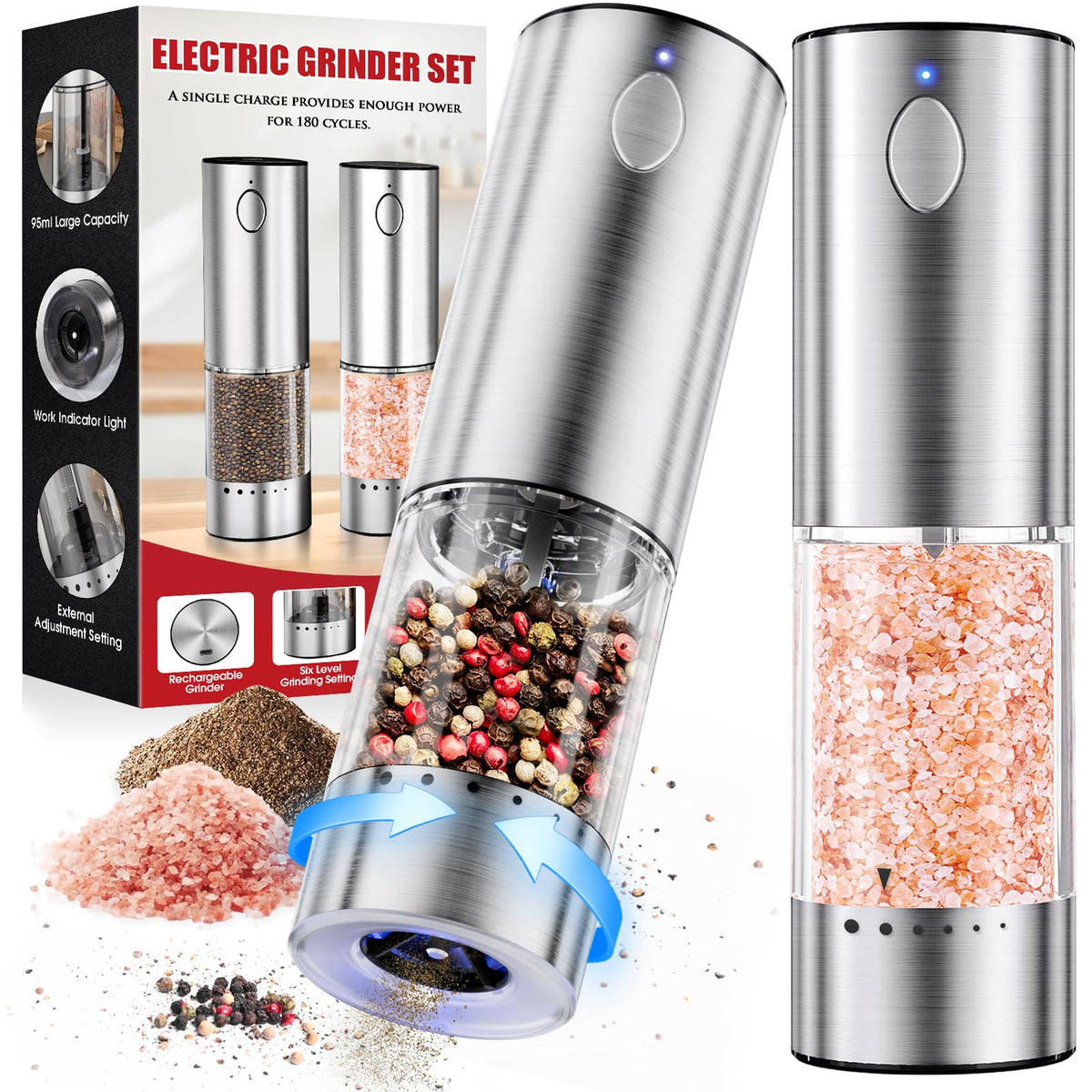 WOWBOX Electric Salt and Pepper Grinder Set 2 PCS, Stainless Steel Automatic Coarseness, Rechargeable Salt and Pepper Shakers, 95 L Large Capacity Multifunctional Pepper Mill, for Kitchen