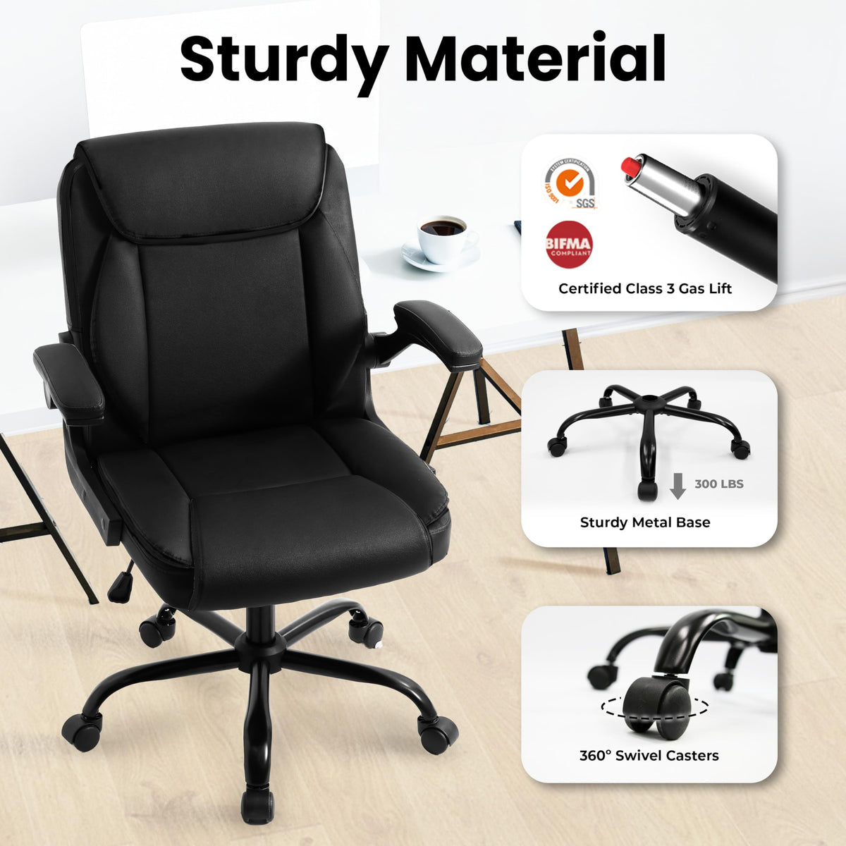 NEO CHAIR Desk Office Gaming Computer Chair Ergonomic Executive Mid-Back Leather with Adjustable Padded Flip-Up Armrests Cushion Wheels Swivel for Home Study Task (Black White)