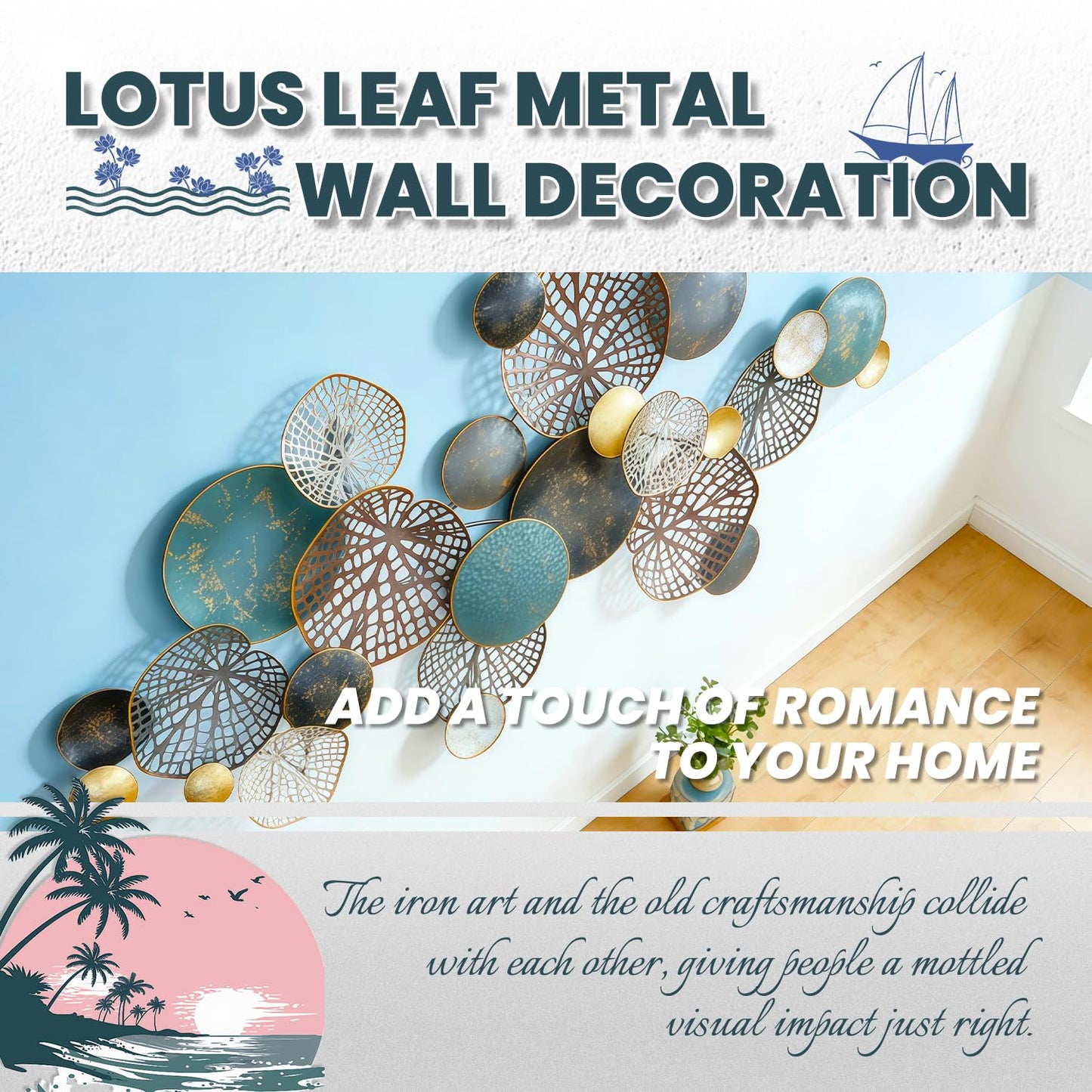ZZYYZZ Large Metal Wall Decor, Boho Lotus Leaf Metal Wall Decoration, 3D Stacked Flower Wall Art Décor, Nautical Coastal Outdoor Wall Decor, for Living Room Bedroom Dining Room, 52.5" x 26.5"