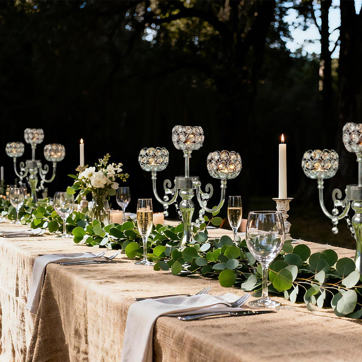 3-Arm Metal Candelabra with Crystal Bowls, Tealight Holder Centerpiece for Birthday, Dining Table, Party Decor, Christmas and Home Decoration (2, Silver)