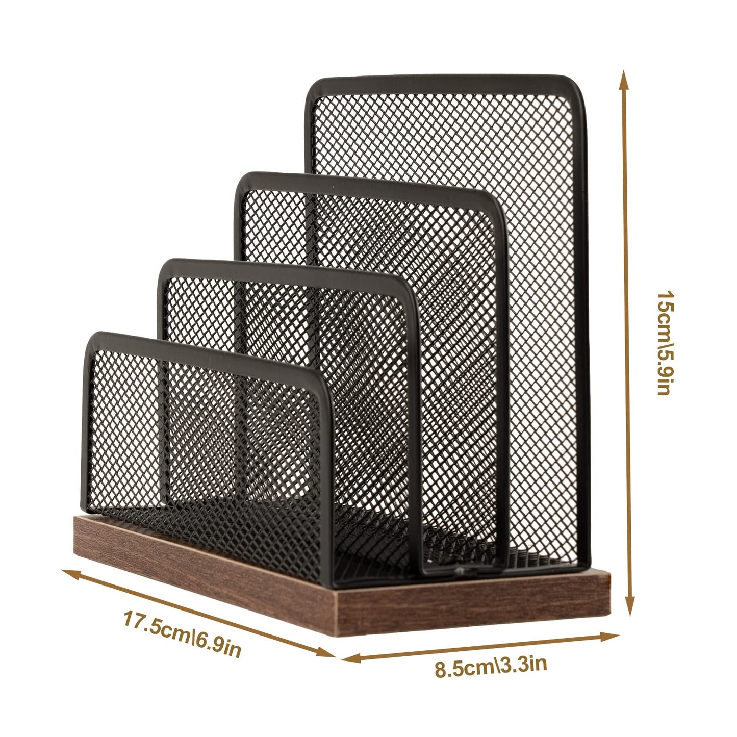 Wooden Desk Mail Organizer, Desktop File Organizer Metal Mesh with 3 Vertical Upright Compartments, Mail Sorter Letter Organizer Rack for Letters, Postcards, Brochures, Mail Holder (2 Pack Black)