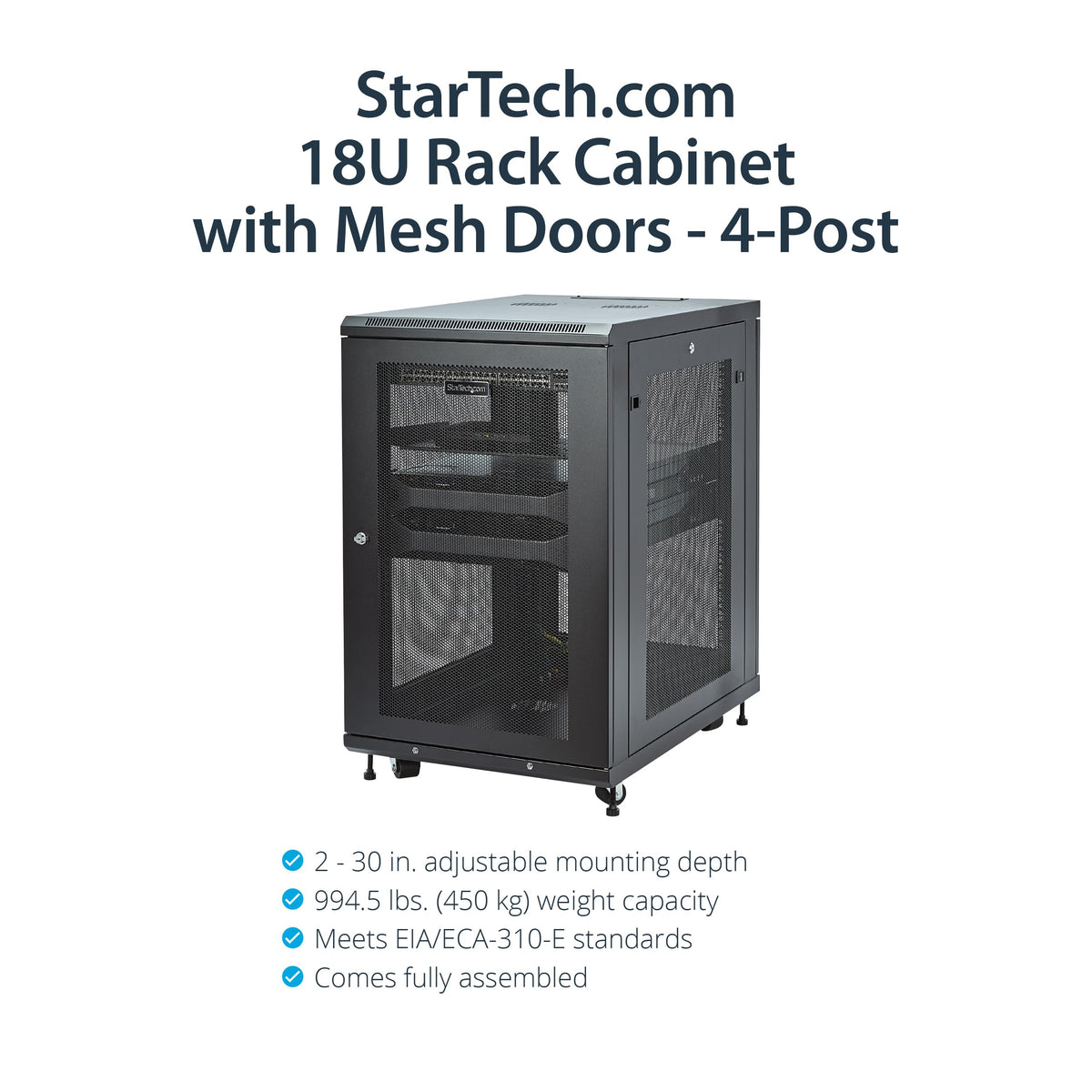 StarTech 18U Enterprise-Grade Server Rack Cabinet Kit, 19in Enclosed 4-Post Rack with Shelf and Cable Management, 29in (75cm) Mounting Depth, 992lb (450kg) Capacity