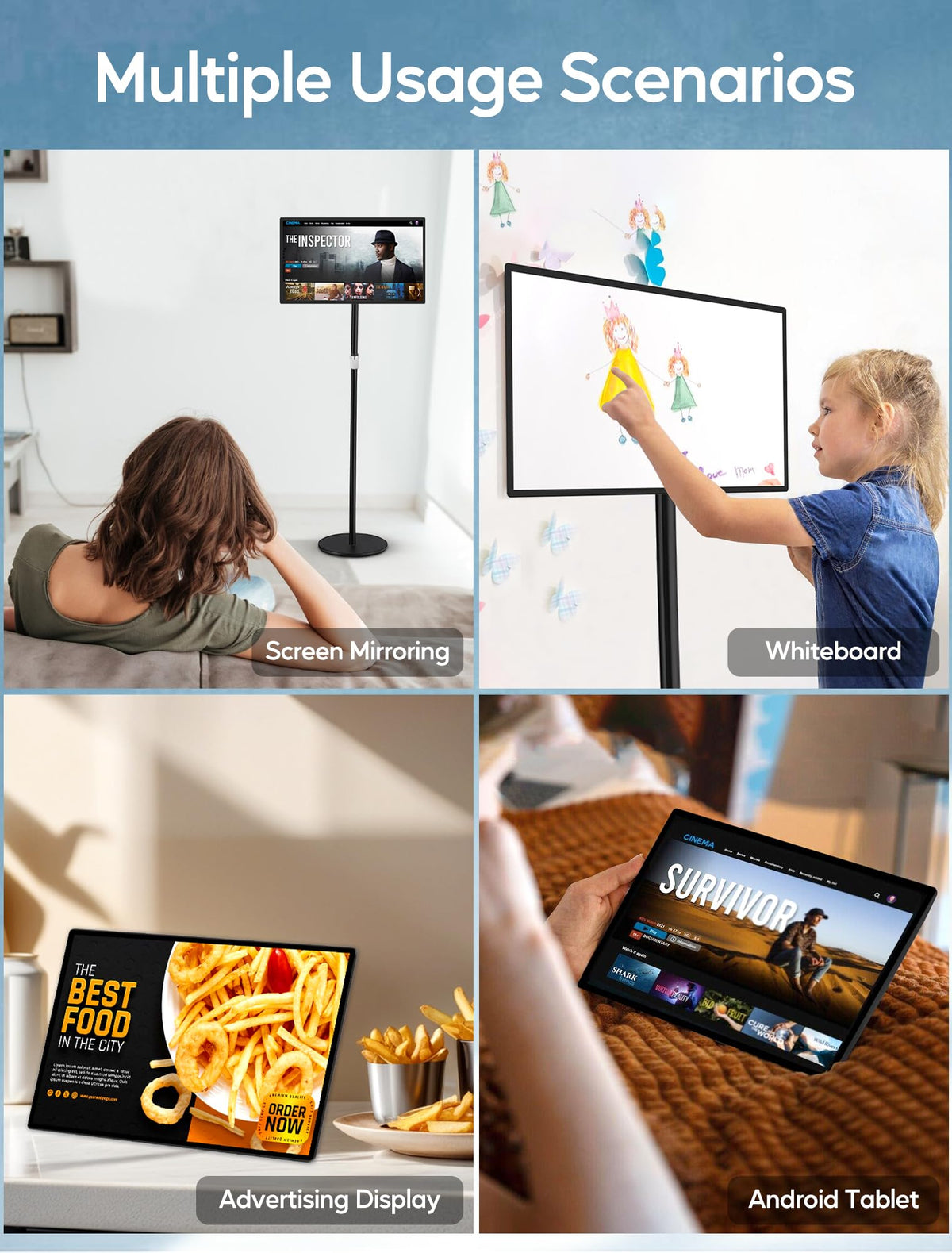PWR4GTR 15.6" Digital Signage Capacitive Touchscreen Advertising Display with Adjustable Stand, 10000mAh Battery, Android 13 Commercial LCD Monitor with Auto Play, Wireless Screen Mirroring, 4+64GB