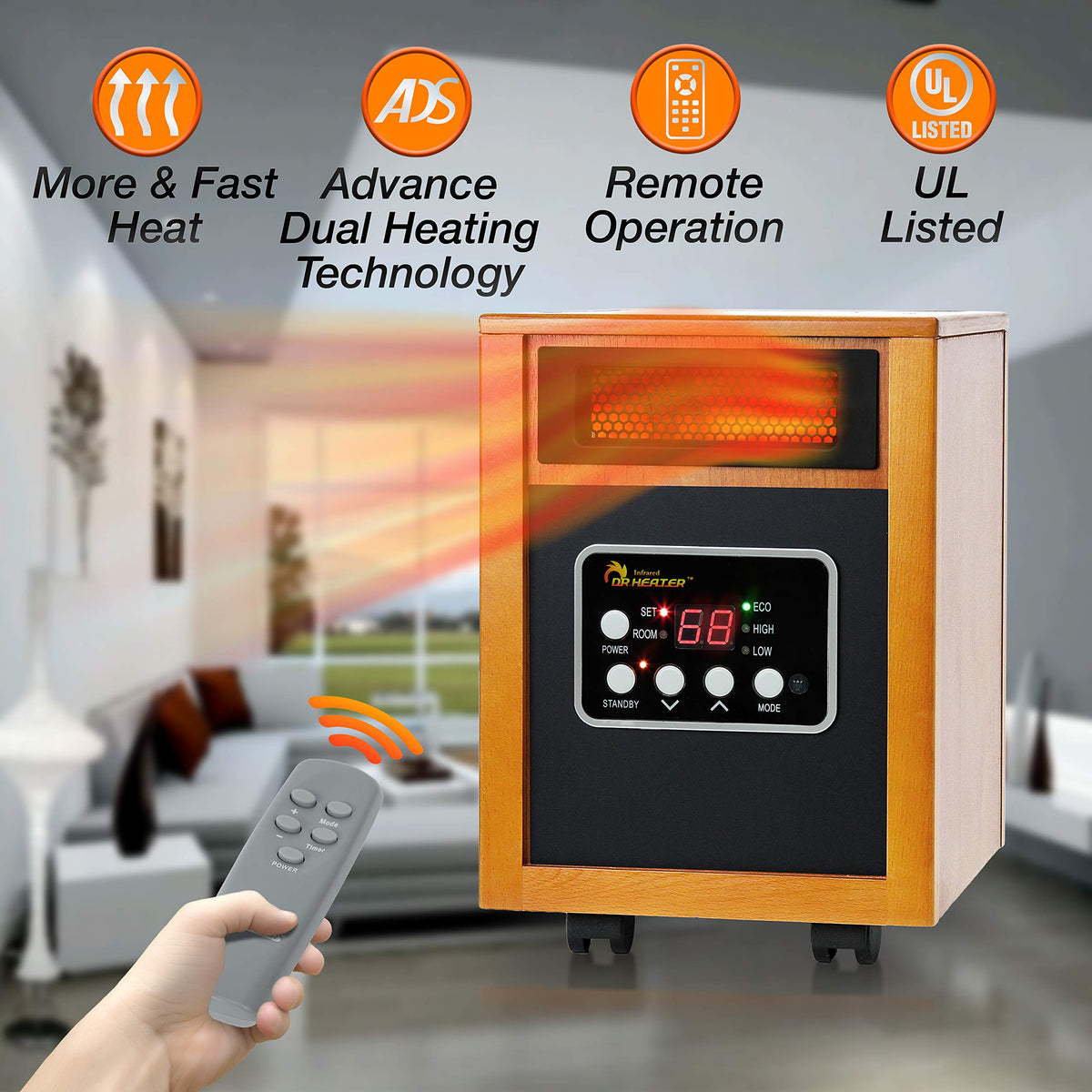 Dr Infrared Heater DR-968 Portable Space Heater, 1500-Watt, Cherry