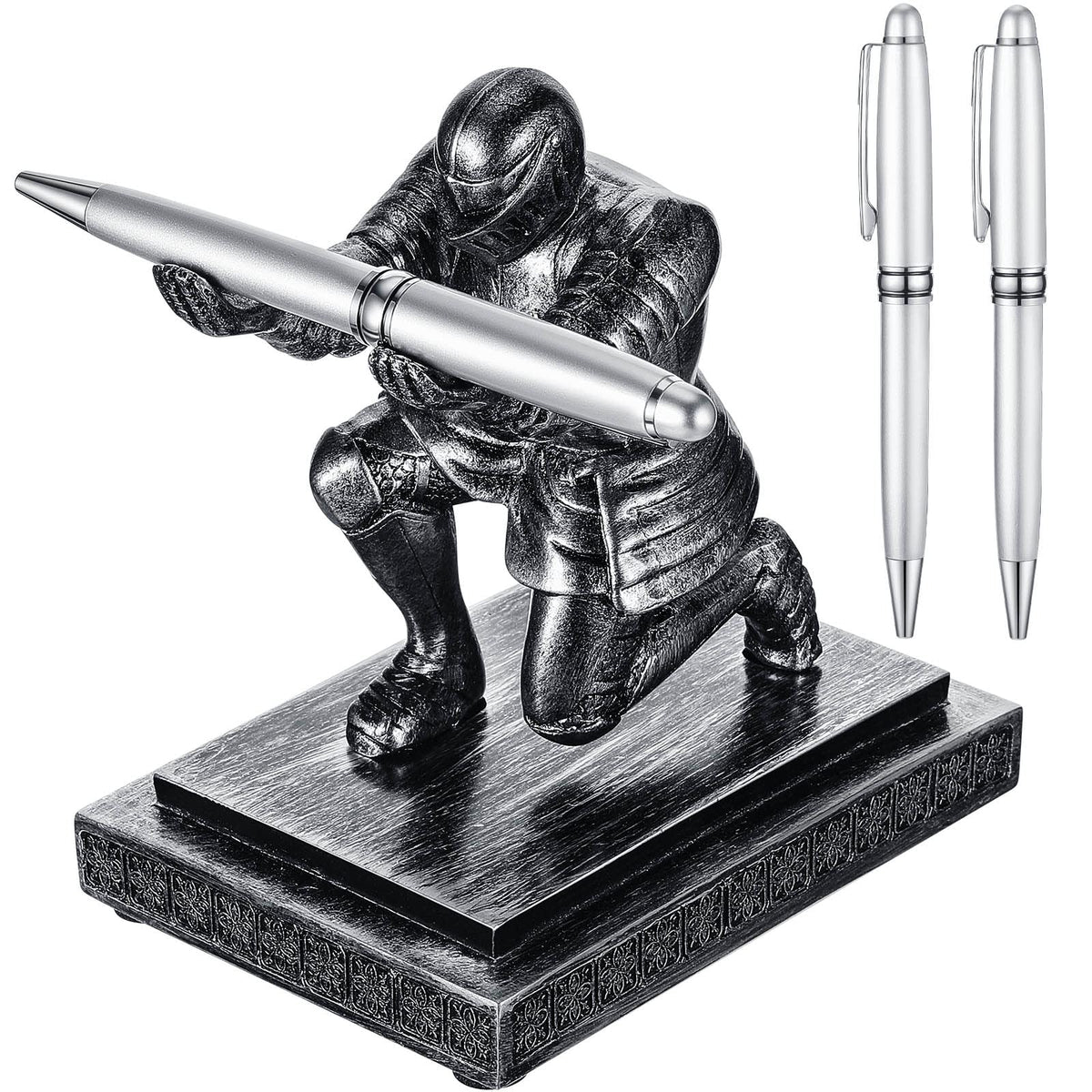 Spakon Knight Pen Holder with 2 Pens Resin Desk Organizers and Accessories Funny Executive Pen Stand Fancy Cool Office Gadgets Cool Desk Decorations for Men Home Supplies(Classic,Iron)