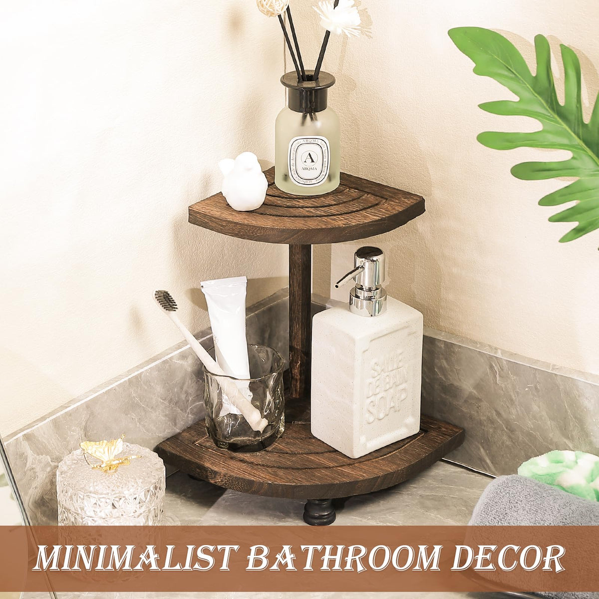 Tikea Decorative Wood Riser for Display, 2-Tier Rustic Corner Shelf for Kitchen Bathroom Counter Decor, Farmhouse Riser for Soap Dispenser and Plant (Brown)