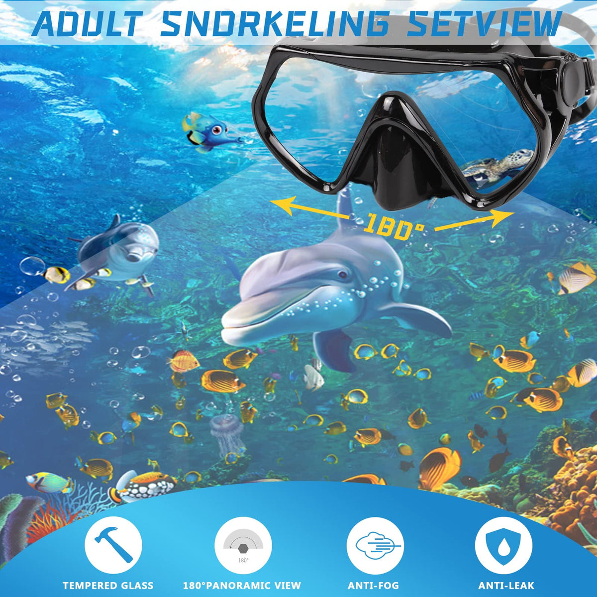 Snorkel mask Snorkeling Set for Adults and Youth, Diving mask and Full Dry Snorkel Swim Googles is Suitable for Snorkeling, Dive Scuba Diving, Swimming (Black)