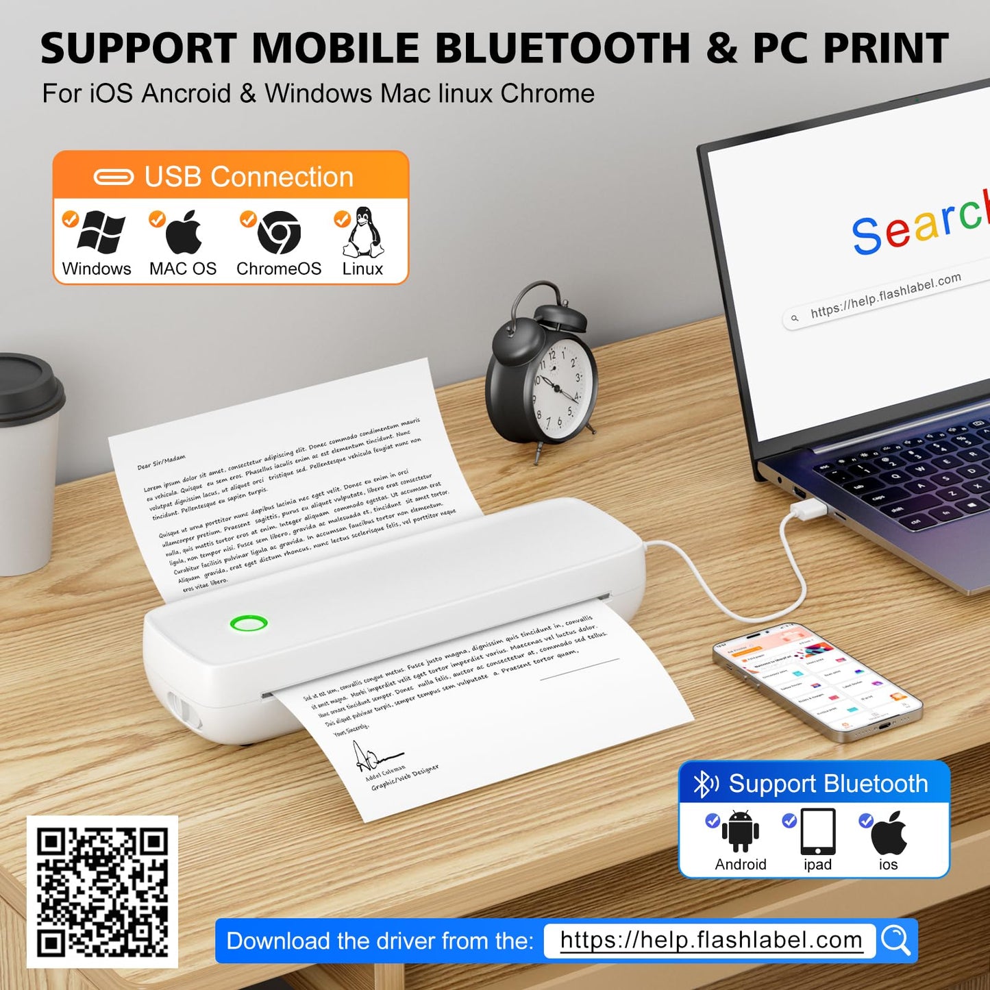 MinZhi Inkless Portable Printer for Travel, Wireless Printer Supports 8.5 x 11 Inch Thermal Paper, Bluetooth Machine Includes 3 Rolls of Thermal Paper Set