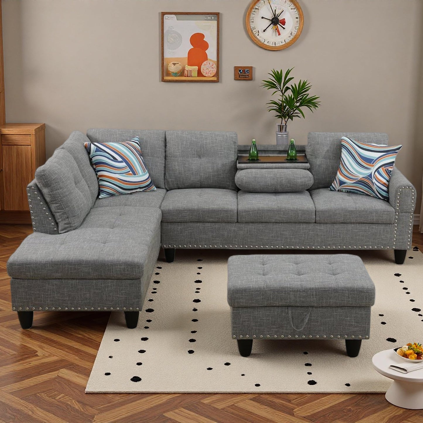 Trygoal 97" Linen 4-Seat L-Shaped Sectional Sofa with Movable Chaise & Storage Ottoman - 3-Piece Modular Convertible Couch for Living Room, Bedroom, Apartment & Office, Grey