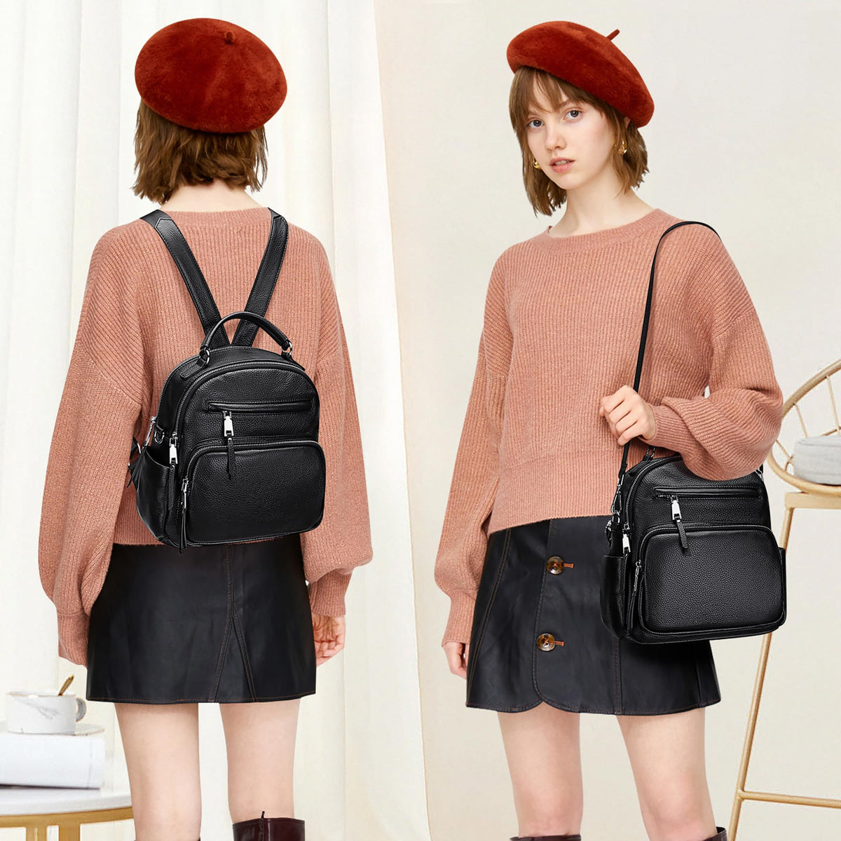 ALTOSY Genuine Leather Backpack for Women Small Convertible Backpack Purse Ladies Shoulder Bag 4 in 1 to Carry