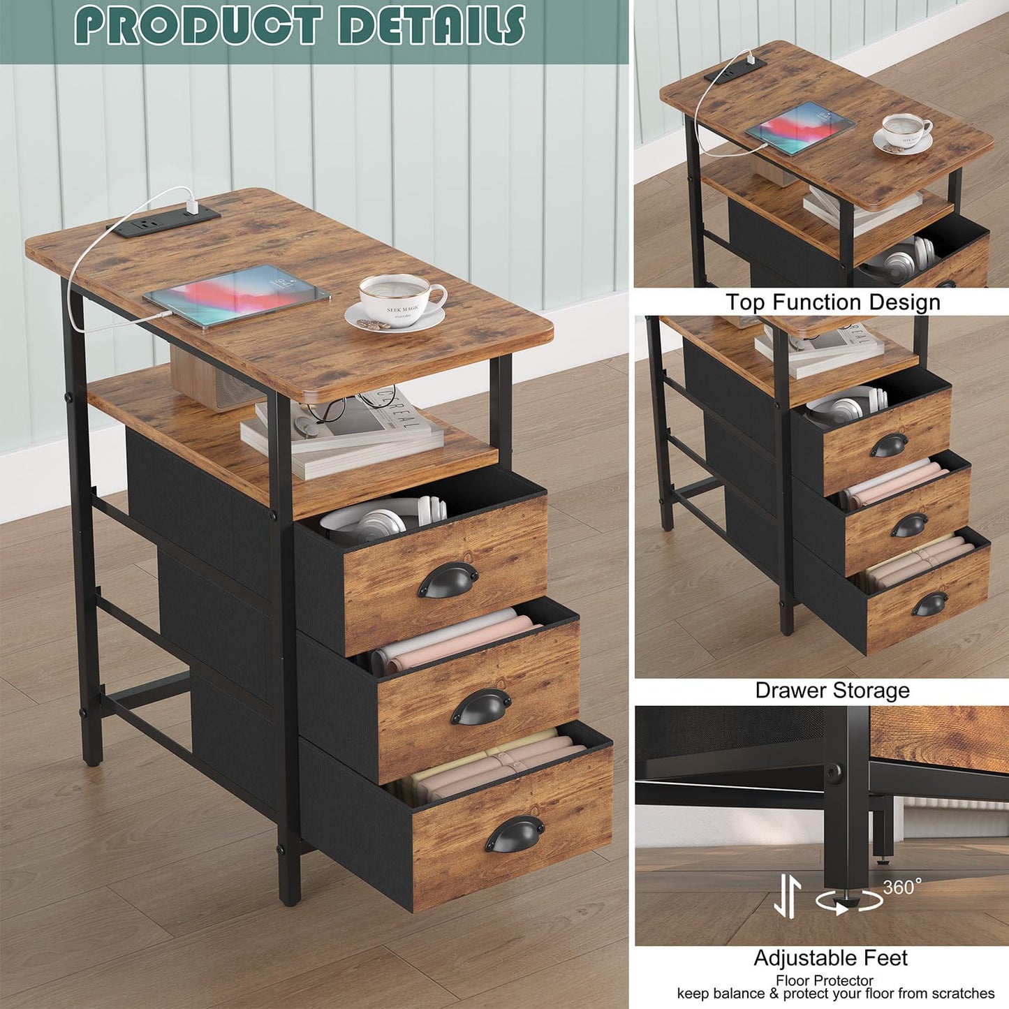 sthmec End Table with Charging Station, Side Tables Livingroom with USB Ports and Outlets,Narrow Nightstands Bedside Tables with 3 Drawers for Small Space,Slim Sofa Table Bedroom,Rustic Brown