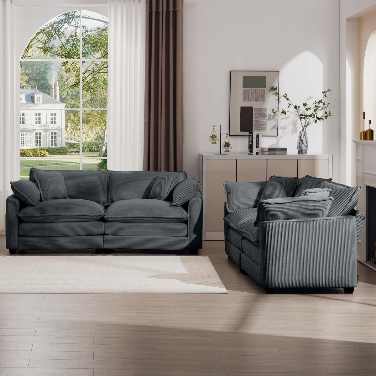 KEIKI 2-Piece Sofa Set with 2 Oversized Corduroy Loveseat Sofa, Upholstered Modern 4-Seater Corner Couch Set with 8 Pillow, High-Density Foam Cushions, Removable Armrests, for Living Room, Grey