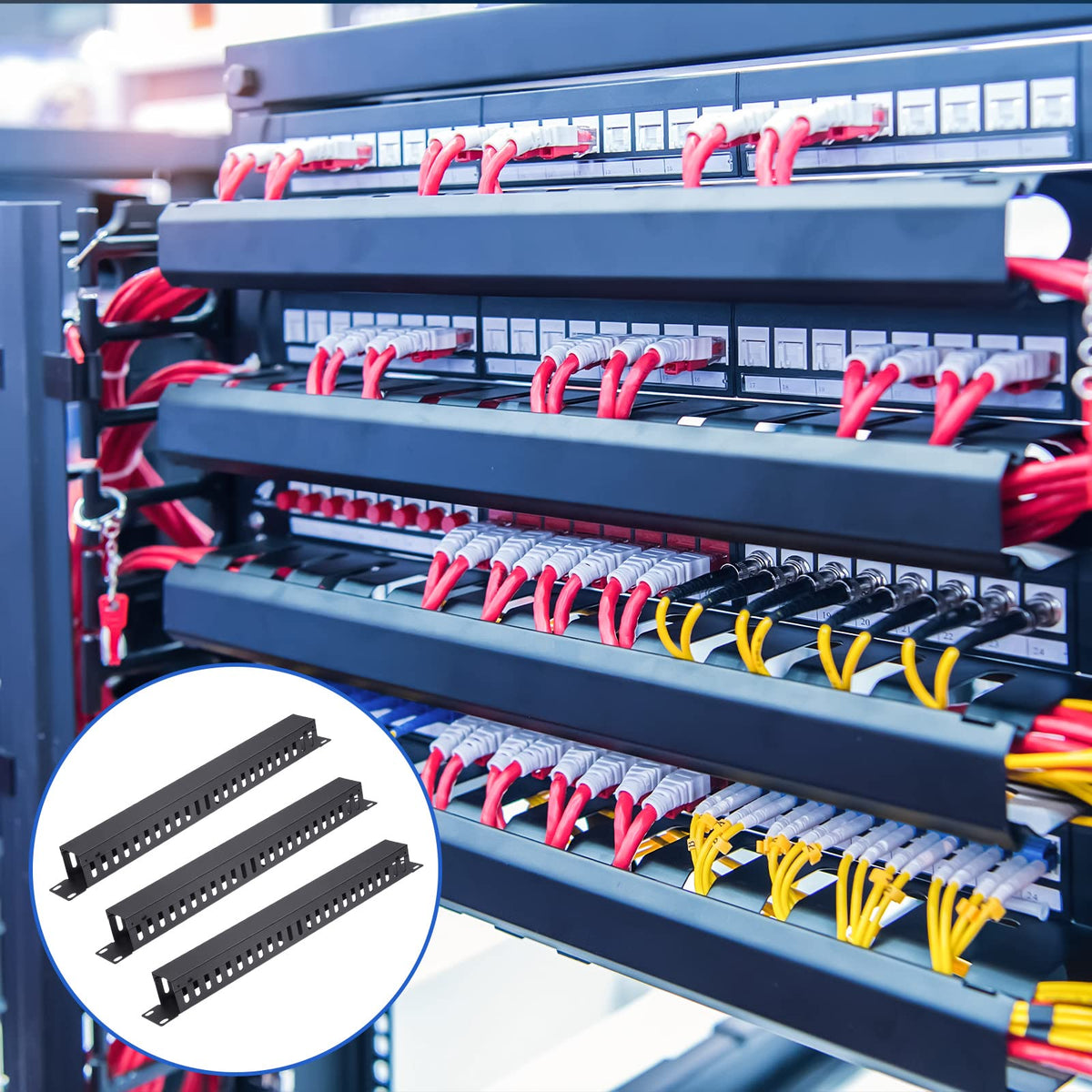 Leinuosen 4 Pcak 1U 19'' Cable Manager 24 Slot Horizontal Rack Mount Wire Management Server Rack Management Metal Finger Duct Wire Organizer with Cover and Mounting Screws for Network Cabinet