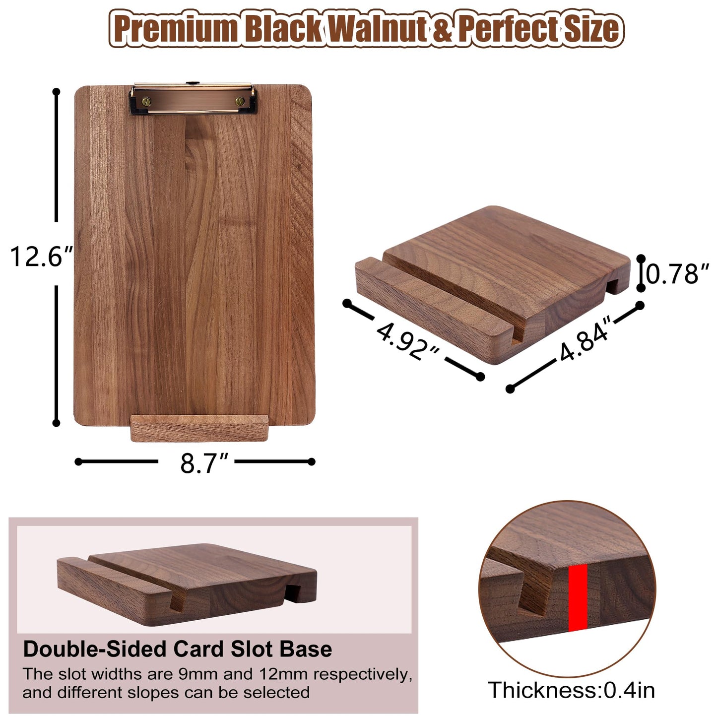 Walnut Wood Clipboard, 12.6" x 8.7" Clip Board with Stable Base, School Classroom Essentials, Solid Hardwood, Free Stand Holder for Bar, Training Courses, Coffee Shops, Office Supplies Teacher Gifts