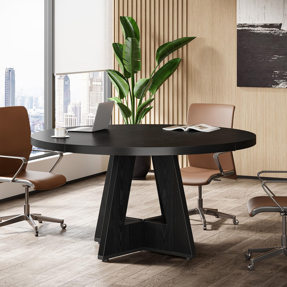 Tribesigns 47-Inch Round Conference Table for 4-6 People, Wooden Meeting Room Table with Thicken Tabletop and Wood Base (Black)