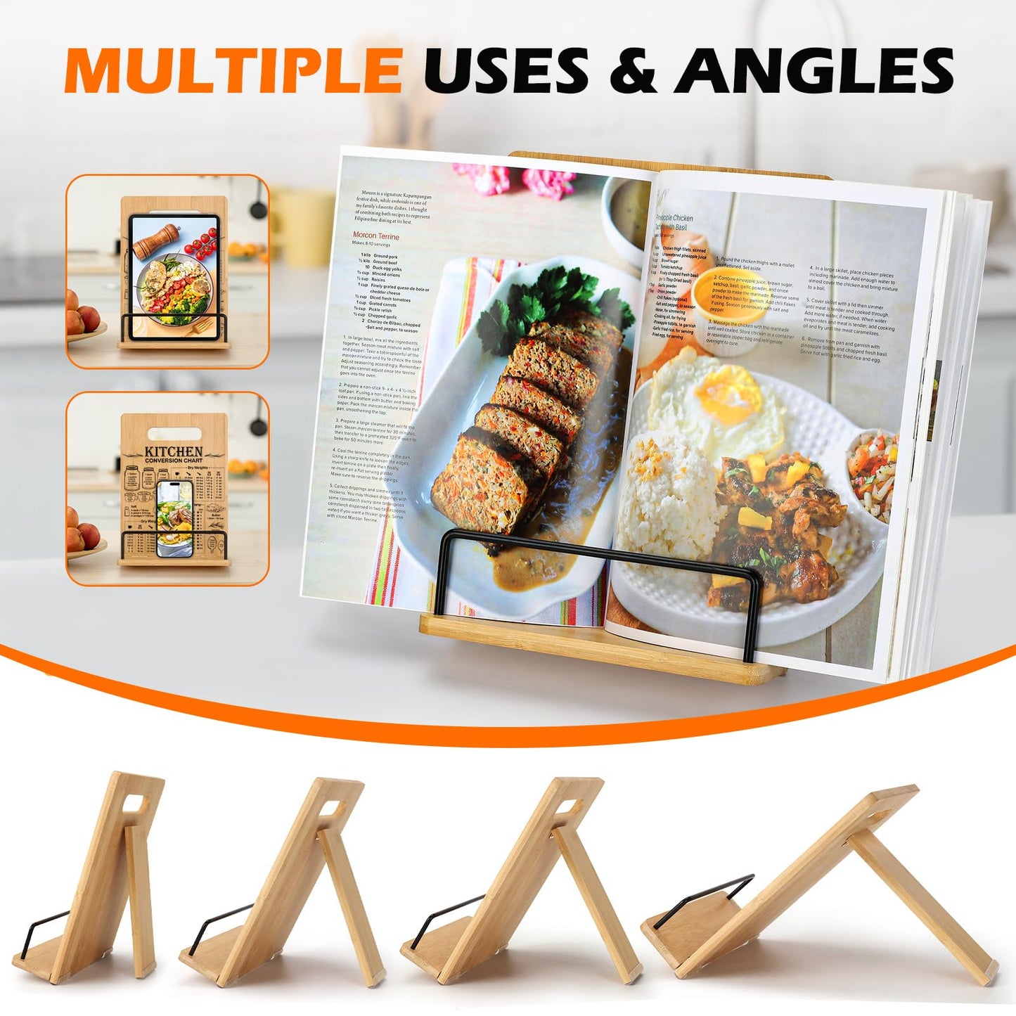 Bamboo Cookbook Stand for Kitchen Counter, Recipe Book Holder with Measurement Conversion Chart, Adjustable Cookbook Holder, Essential Accessories Women Gifts for Birthday Mothers Day