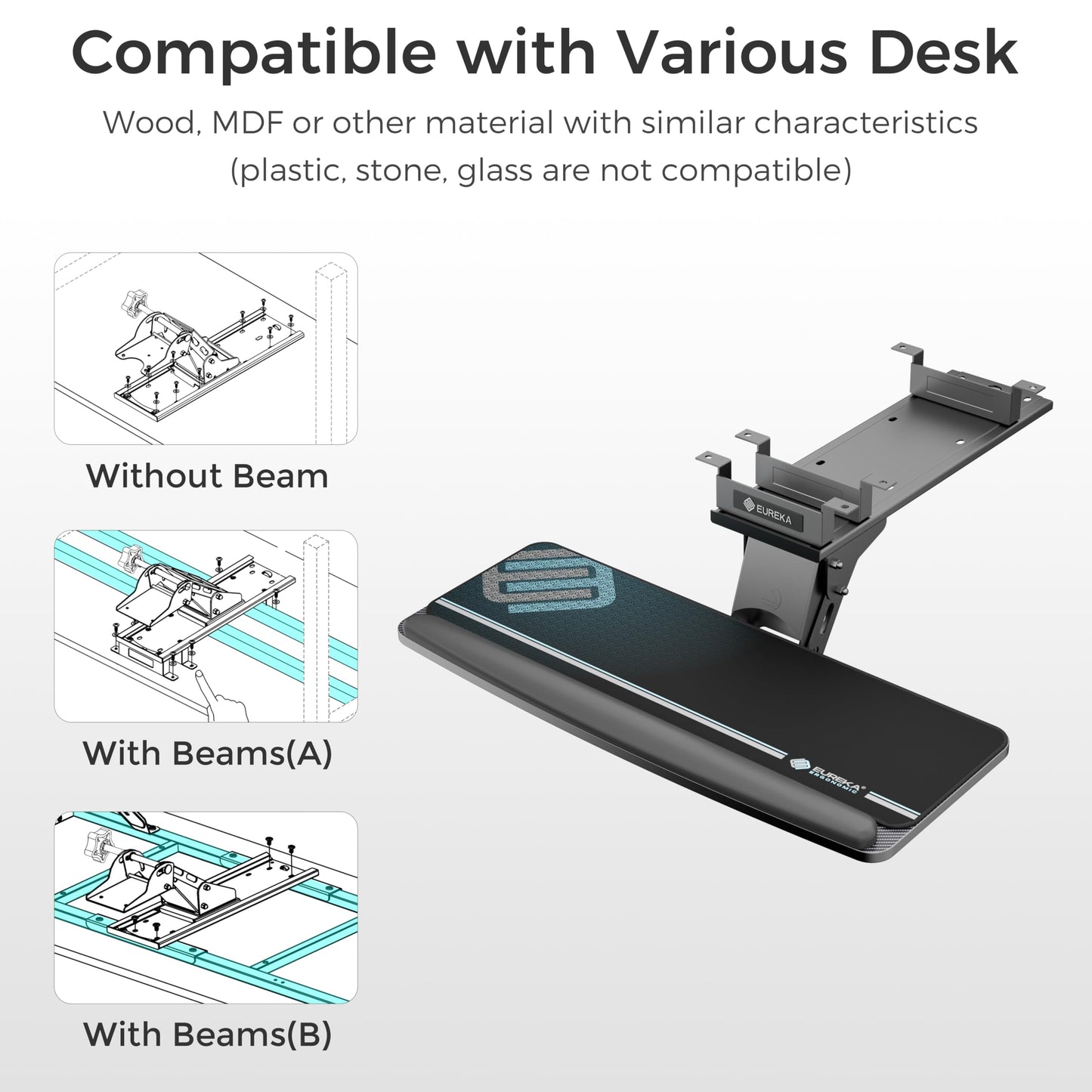 EUREKA ERGONOMIC Keyboard Tray Height Adjustable, Swivel Tilt Computer Keyboard Drawer Under Desk, 25x9.13'' Sliding Keyboard & Mouse Platform with Mouse Pad for Typing, Black