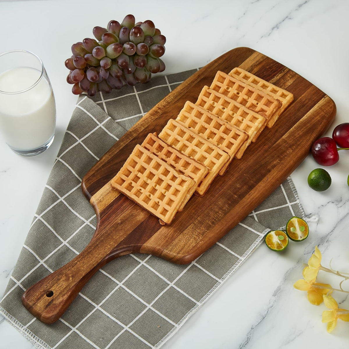 TEIBVG Acacia Wood Cutting Board and Cheese Board with Handle for Braed, Chopping Board, Meat, Fruits and Charcuterie - Decorative Wooden Serving Board for Kitchen, 17x7 Inch